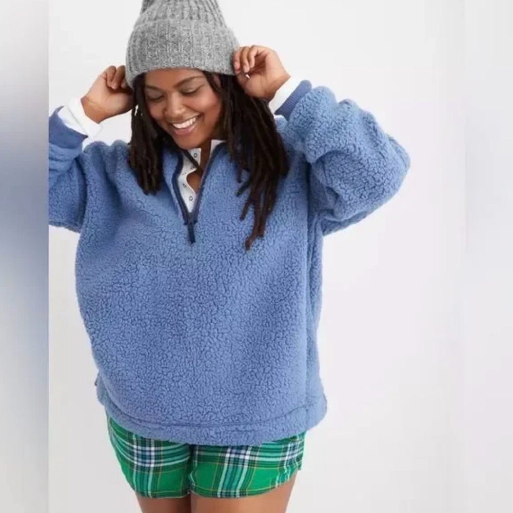 Aerie Blue Sherpa Fleece Quarter Zip Pullover Womens Large Cozy